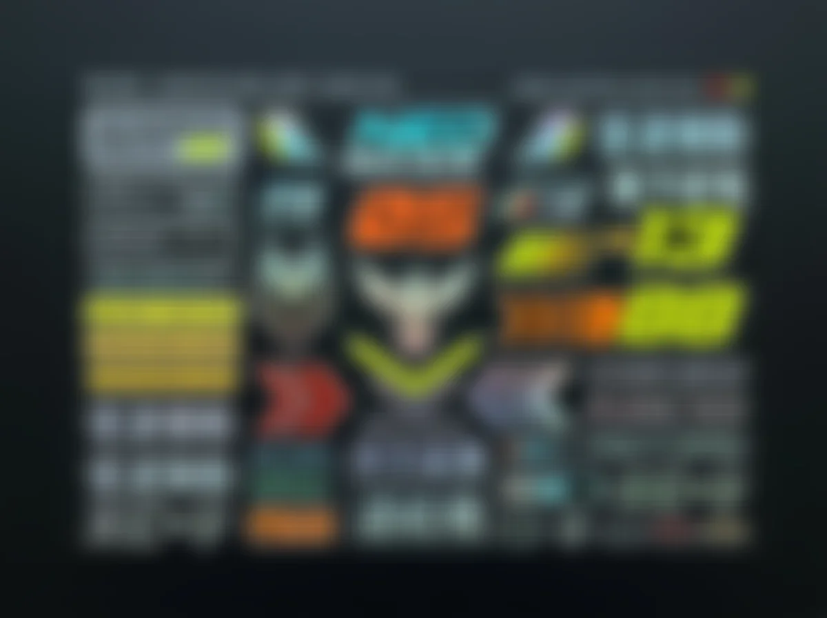 Neo Bikes dark racing spec decal sheet with custom telemetry badges, holographic chevrons, and neon markings